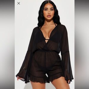 Fashion Nova Wanderlust Calling Sheer Swim Cover Up Romper-Black